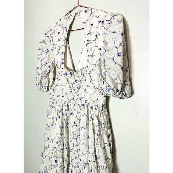Nicholas Celie White Blue Floral Button Front Print Puff Sleeve Maxi Dress Sz 6 - Picture 10 of 16